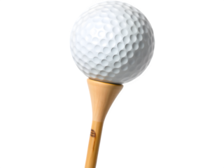 Close-up of a golf ball on a tee, ready for the swing, isolated on transparent white background.
