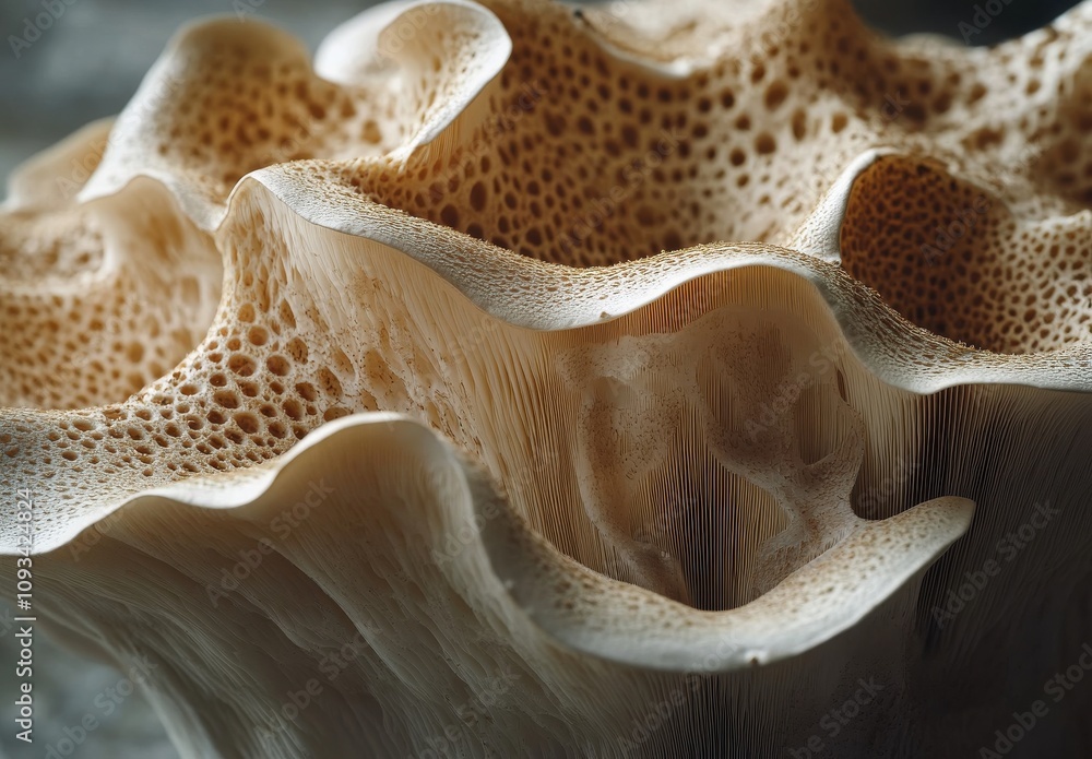 Poster intricate textures and patterns of a unique mushroom cap showcasing natural beauty and delicate stru