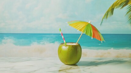 Refreshing green coconut drink with a colorful umbrella and paper straw on marble, set against a tropical beach backdrop, perfect for vacation themes.