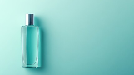 Clear glass hydrating serum bottle with a silver cap positioned on a soft pastel teal background with ample blank space for skincare marketing text