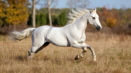 Majestic white wild horse galloping across golden grassland under a clear blue sky, mane flowing elegantly in motion amidst autumn scenery.