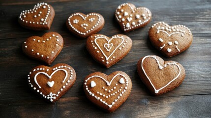 Heart-shaped gingerbread cookies decorated with white icing, beautifully arranged on a rustic dark wooden surface