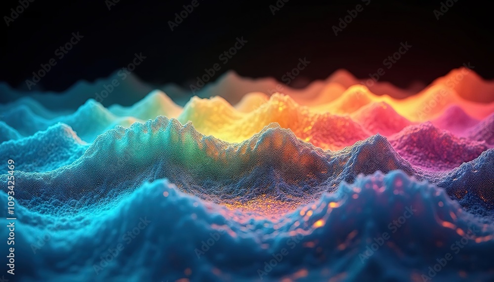 Poster Abstract colorful wave pattern with textured peaks in a dark background, resembling a rainbow landscape