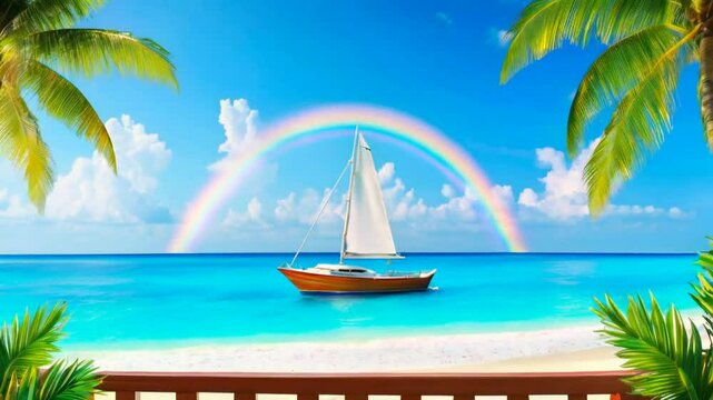 A serene beach scene with a sailboat under a rainbow and palm trees.