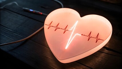 Glowing Heart with Pulsating Electrocardiogram Line on Dark Background - Symbol of Life and Vitality