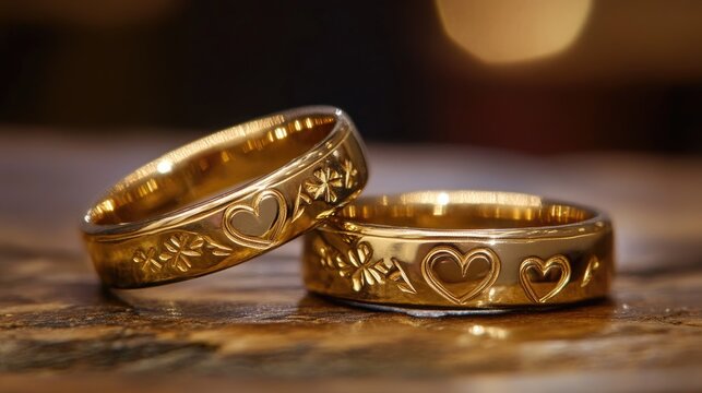 Elegant gold rings adorned with intricate heart designs, offering generous space for personalized text or graphics for a special touch.
