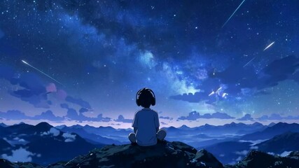 A child gazes at a starry sky filled with shooting stars over a mountainous landscape.