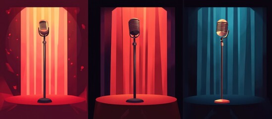 Retro Microphone Stage Set: Three Colorful Curtain Backdrops