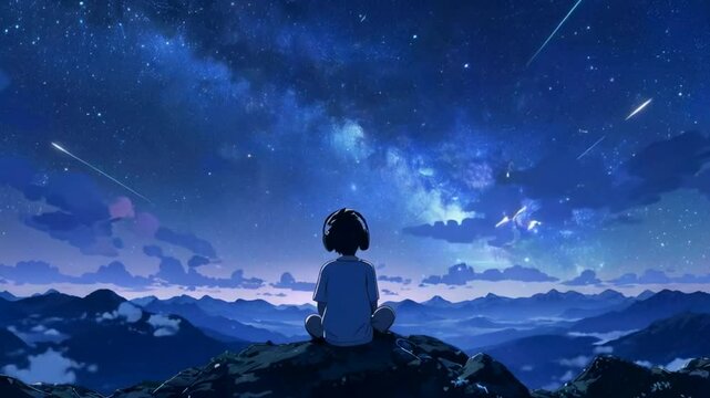 A child gazes at a starry sky filled with shooting stars over a mountainous landscape.