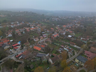 Naklejka premium Ancient Tower Vrdnik, Fruska Gora in Serbia - drone aerial shot