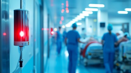  evacuation response fire alarm.  A hospital corridor is illuminated in blue tones, featuring medical staff and a red emergency light, indicating urgency in a healthcare setting.