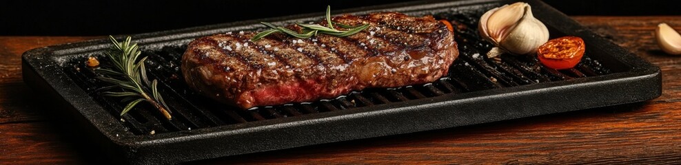 Juicy Grilled Steak on a Sizzling Plate with Rosemary and Garlic, Perfect for Culinary Photography and Gourmet Food Presentations