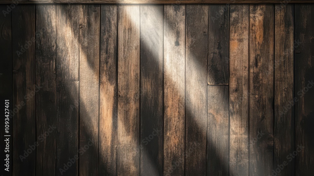 Poster a close-up view of a rustic wooden wall, enhanced by soft sunlight creating an inviting and warm atm