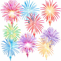 Set of colorful fireworks on a transparent background, vector illustration. PNG file with white and black background