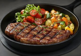 Juicy Grilled Steak Served on a Hot Cast Iron Skillet with Fresh Vegetables and Cherry Tomatoes, Perfectly Garnished for a Delicious Meal Presentation