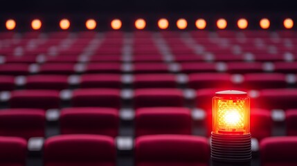  evacuation response fire alarm.  A close-up of a red warning light in a theater, with rows of empty red seats and soft lights in the background, creating a dramatic and attention-grabbing atmosphere.