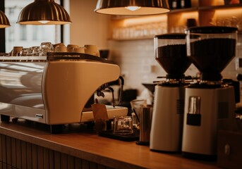 Coffee Shop Counter with Espresso Machine and Grinders