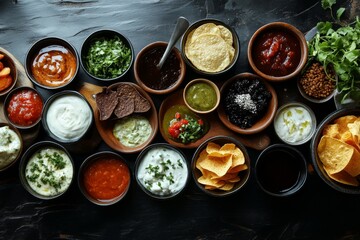 Delicious Spread of Snacks and Sauces - A vibrant array of dips, sauces, and tortilla chips, perfect for parties or gatherings.  Symbolizes flavor, sharing, celebration, abundance, and fun.