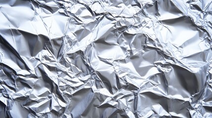 Close-up of crumpled silver foil, showcasing intricate textures and reflections.