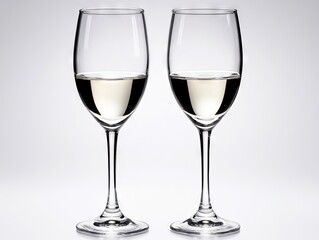 Two glasses of white wine are shown side by side on a gray background
