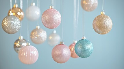 Pastel iridescent Christmas ornaments hanging on a soft bokeh background, shiny and glittery, creating a dreamy and festive atmosphere 2026 - 2027.
