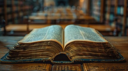 Obraz premium Ancient book resting on a wooden table in a serene library filled with knowledge and history. Generative AI