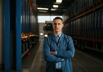 Fototapeta premium Confident Warehouse Worker in Blue Uniform