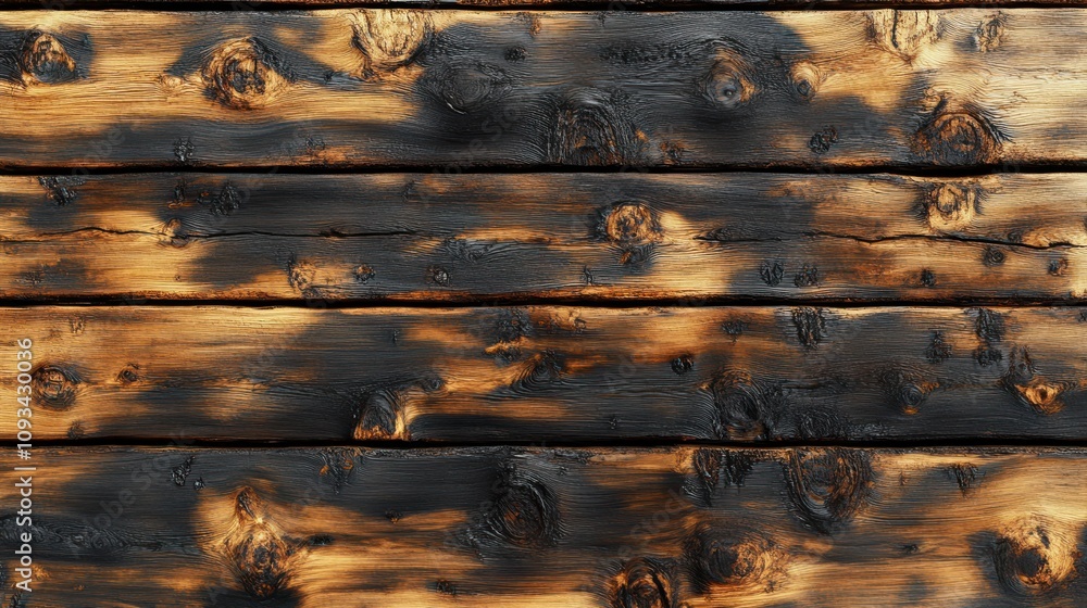 Poster textured close-up of burnt wooden planks, showcasing deep char marks and unique natural patterns.