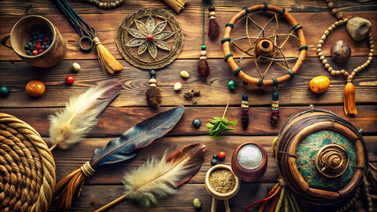 Shamanic backgrounds. Bohemian tools and dreamcatchers on rustic wooden background