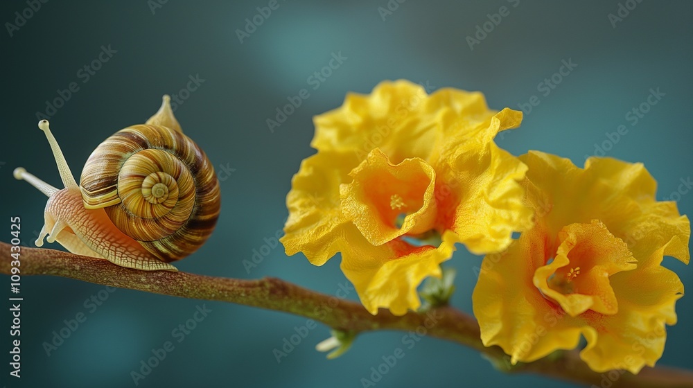 Poster a macro photo of a yellow flower with a realistic tiny snail on the stem.