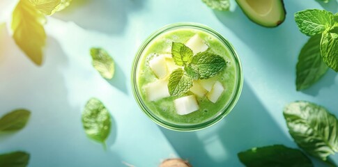 Refreshing Green Smoothie in Glass with Mint Leaves, Diced Apples, and Avocado on Light Green Surface Surrounded by Fresh Mint Leaves and Ingredients