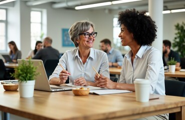 Two business women talk, work together at modern office. Sit at light brown table with plants, snacks. Use laptop. Discussing project ideas. Positive, friendly atmosphere. Busy office environment.