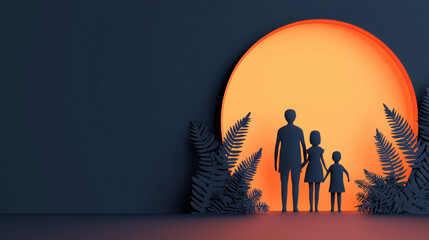 Fototapeta premium family silhouette stands under luminous arch, surrounded by ferns