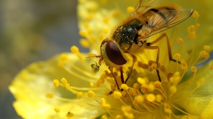 Close-up of a hoverfly gathering nectar from the center of a vibrant yellow wildflower.