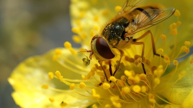 A macro photo of a yellow flower with a realistic hoverfly feeding on pollen.
