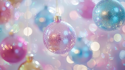 Pastel Christmas ornaments with iridescent glow on a pastel bokeh background. Perfect for banners, invitations, and holiday designs 2026 - 2027.