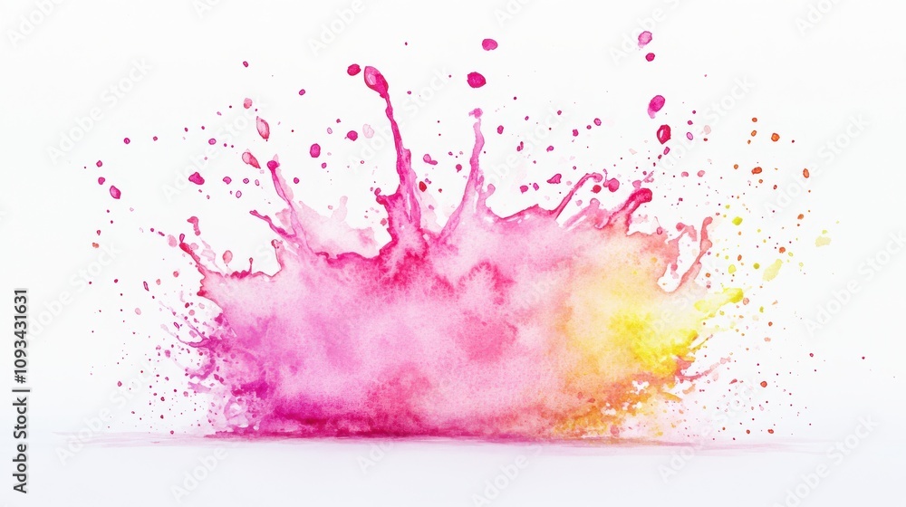 Poster a vibrant splash of pink and yellow watercolor creating a dynamic and energetic visual effect.