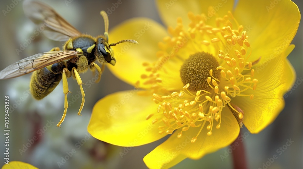 Poster a macro photo of a yellow flower with a realistic wasp hovering near.