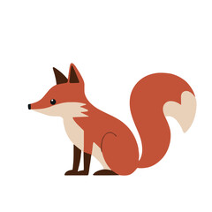 An orange vector illustration of a beautiful adult young funny fox with a long fluffy tail isolated on a white background