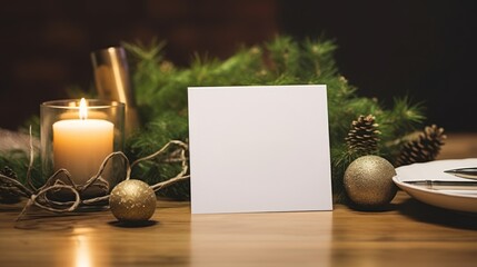A blank Christmas card in a warm, cozy setting with festive decorations, inviting personalization and holiday cheer.