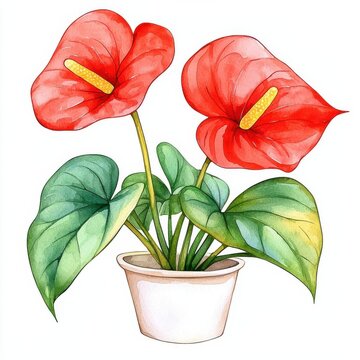 red anthurium flowers in white pot clip art preview