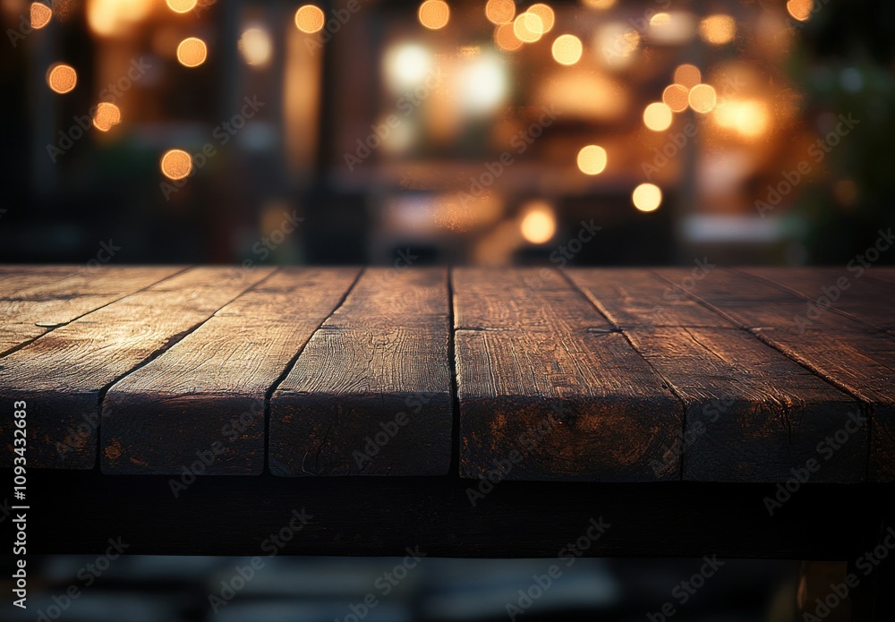Aufkleber rustic wooden table against a blurred background of soft warm lights creating a cozy and inviting at
