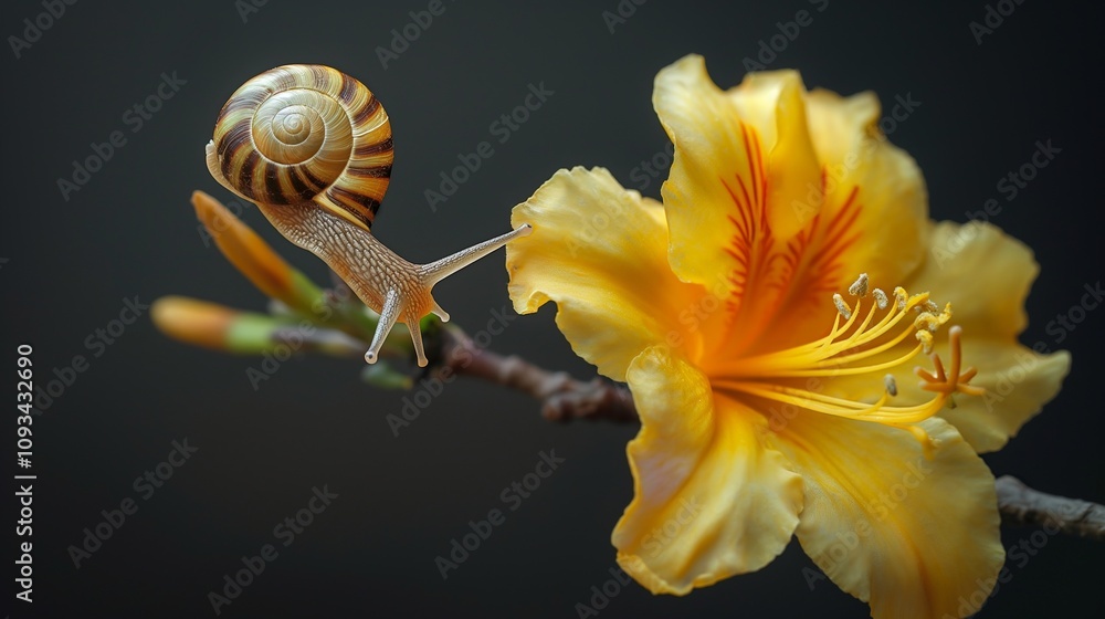 Poster a macro photo of a yellow flower with a realistic tiny snail on the stem.