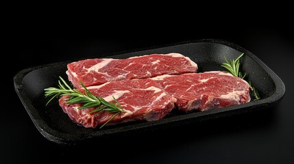 Fresh Raw Beef Steaks with Rosemary - Juicy raw beef steaks, rosemary garnish, dark background, food photography, culinary.