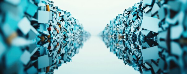 Obraz premium A visually striking image depicting a symmetrical arrangement of blue and white shapes reflecting in water, creating an abstract, serene effect.