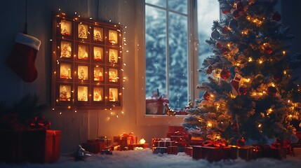 Advent calendar styled with open windows placed near a softly glowing Christmas tree and vibrant festive tones