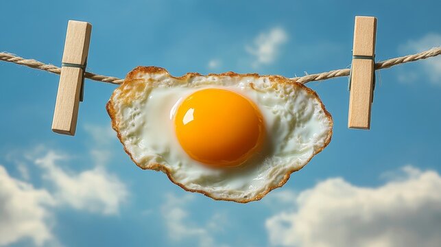 Fried Egg on a Clothesline: A Sunny Day Surprise - A perfectly fried egg hangs from a clothesline against a bright blue sky, symbolizing simplicity, unexpectedness, nourishment, fragility, and the bea