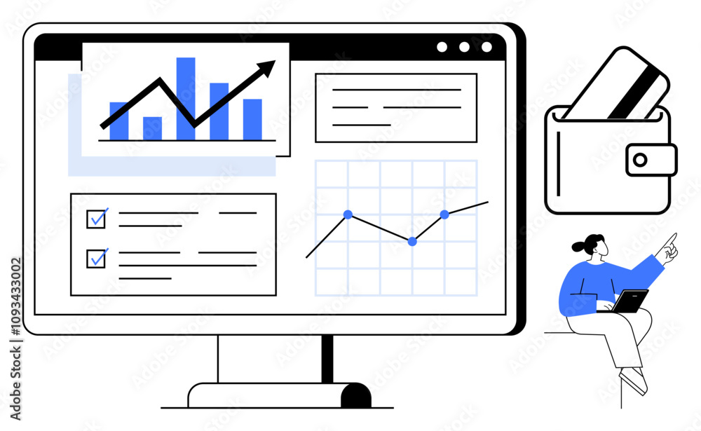 Poster data analyst reviewing bar chart, pie chart, and checklist on computer monitor. wallet with credit c