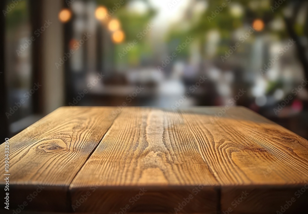 Poster rustic wooden table surface with warm natural grain in a blurred cafe background creating a cozy and