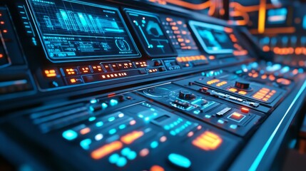 Futuristic Control Panel Interface - Glowing screens, digital interface, technology, sci-fi, control system. Represents advanced technology, innovation, and futuristic design.
